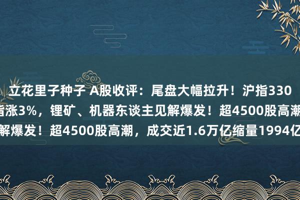 立花里子种子 A股收评：尾盘大幅拉升！沪指3300点合浦珠还，创业板指涨3%，锂矿、机器东谈主见解爆发！超4500股高潮，成交近1.6万亿缩量1994亿